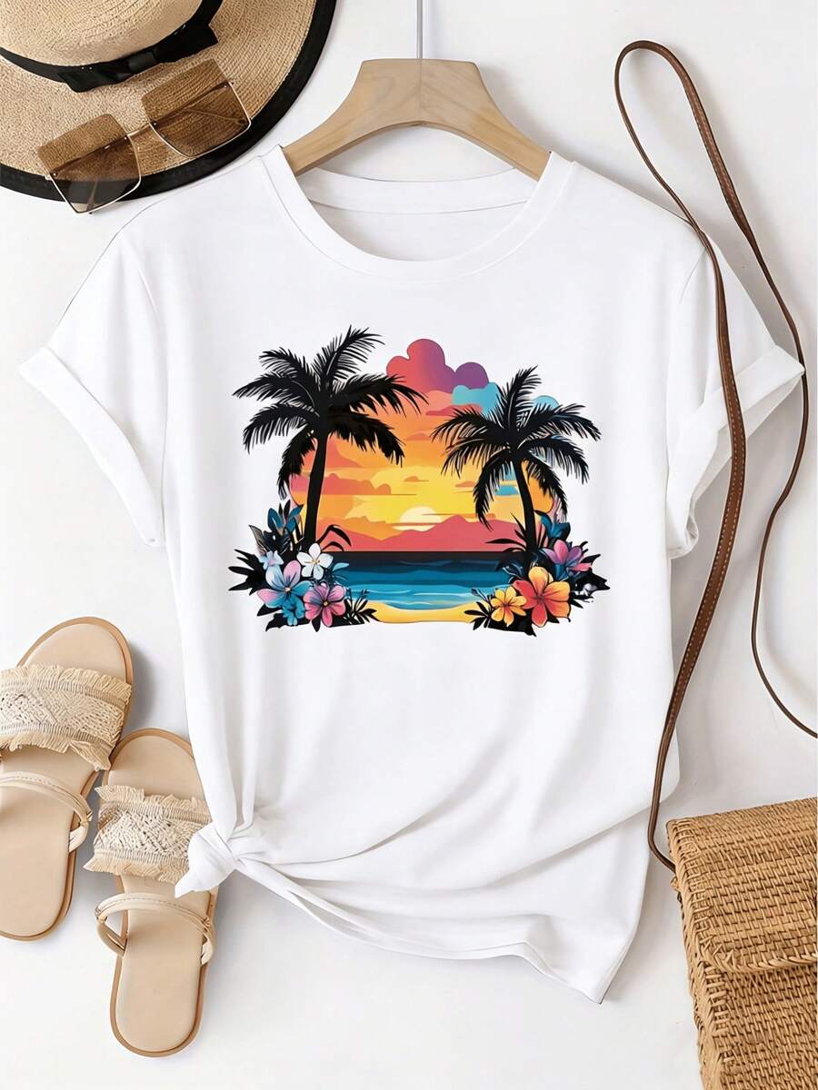 Camiseta Casual de Manga Corta para Mujer - Estampado Tropical de Palmeras y Flores en la Playa al Atardecer, Diseño Holgado con Cuello Redondo, Tela Transpirable de Elasticidad Media, Lavable a Máquina, Adecuada para Vacaciones, Viajes al Trabajo y Uso Diario, Múltiples Colores - Blanco - Ver 1