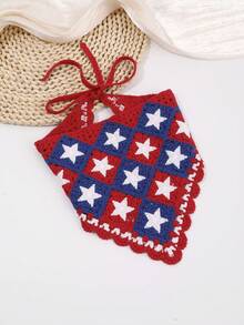 1pc Knitted Pentagram Embroidered Triangle Scarf, Women's Head Wrap, Daily/Travel/Vacation Sun Protection Hair Accessory Vacay Bandanas - Red - View 3