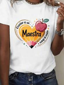 With The Motto 'Teaching Is A Job From The Heart' And The Word 'Teacher', This Print Celebrates Teaching Dedication With A Heart, Pencil And Apple. Women's T-Shirt. 100% Cotton - 白色的 - 查看 6
