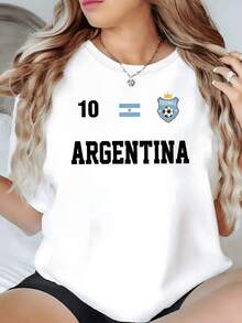 Argentine Flag Alongside The Number 10 And A Football Emblem Symbolizing Passion For The Sport And National Pride. Comfortable Women's T-Shirt For Casual Wear And Sports Days - 白色 - 查看 1