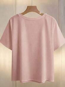 Camiseta de manga corta de uso diario versátil y casual con cuello redondo y decoración de perlas falsas para mujer de talla grande - Blanco - Ver 9