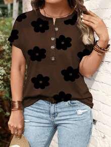 Camiseta de manga corta con cuello en V y estampado floral geométrico de color café oscuro, talla grande, para primavera/otoño - Multicolor - Ver 11