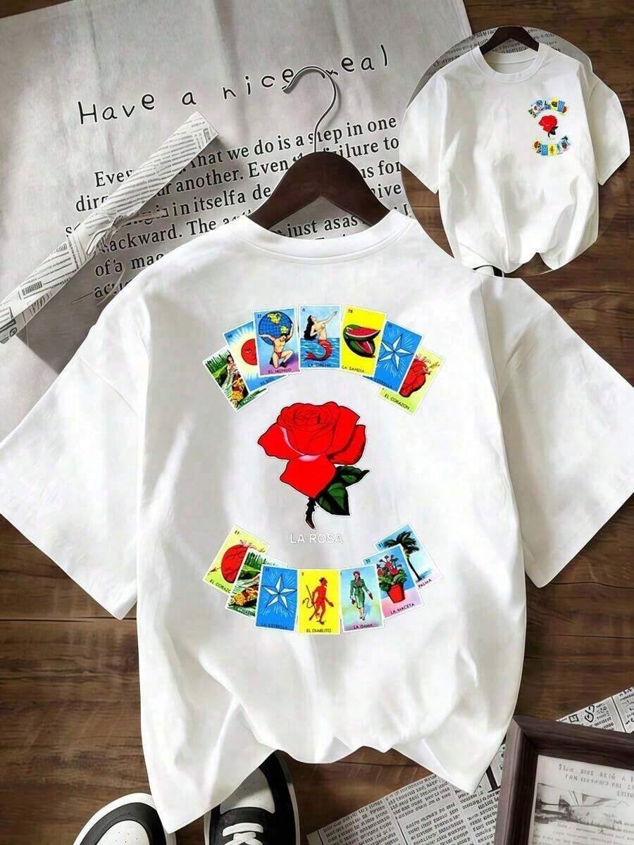 Rosa roja rodeada de cartas coloridas de lotería mexicana que simbolizan fortuna naturaleza y energía positiva camiseta de mujer 100% algodón - Blanco - Ver 1