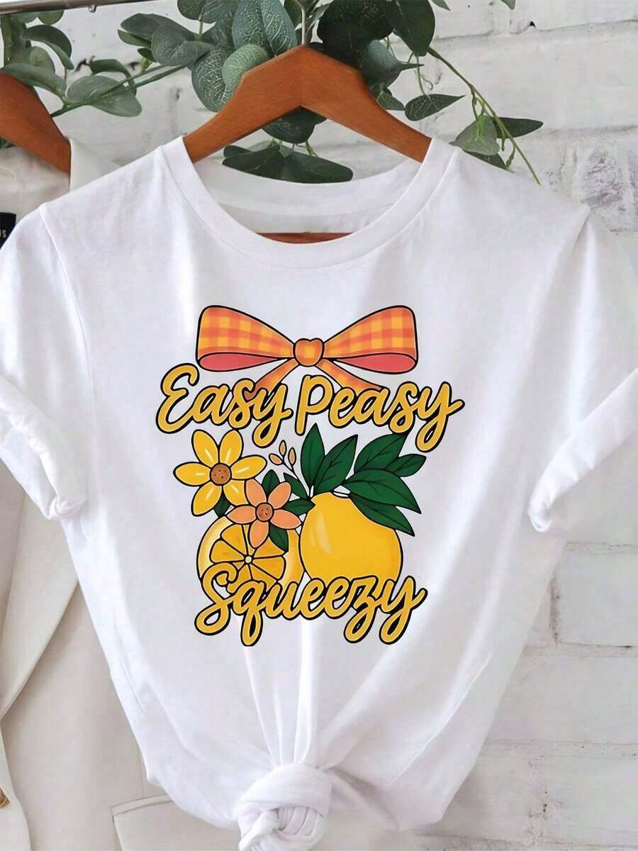 Playeras de mujer con temática de limón - Rodajas de limón, flores y lazo a cuadros con estampado de eslogan - Camiseta casual de manga corta color limón-naranja - Blusa de primavera-verano de elasticidad media para atuendo casual - Conjunto cítrico fácil y divertido - Conjuntos de mujer - Blanco - Ver 1