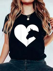Playeras de mujer - Camiseta estampada con diseños de corazón y caballo, cuello redondo, manga corta, informal, negra, de verano, adecuada para uso casual, conjunto de mujer. - Negro - Ver 6