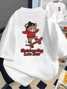 Camiseta de manga corta de algodón de 180 g - Camiseta de manga corta con estampado frontal y trasero - Oso Patinador, Oso Lindo - Camiseta estampada de moda para mujer, primavera/verano, ¡tu mejor elección! - Estilo unisex. - Blanco - Ver 6