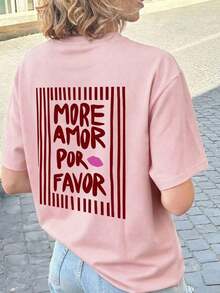 1 Women's Summer T-Shirt, Loose Fit, Round Neck, Short Sleeve, Striped Print With The Phrase "MORE LOVE PLEASE", Suitable For Parties, Holidays, Office, Daily Wear, Dates, Meetings, Streetwear, A Casual Summer Basic. - 糖果粉紅色 - 查看 5