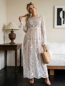 Bohemian Style Floral Lace Sheer Maxi Dress, Long Sleeve Round Neck Beach Resort Pool Party Cover Up - White - View 5