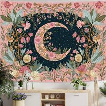 Großformatiger bedruckter Wandteppich mit traumhaftem Mondsichel-Design, umgeben von einem rosa Blumenmeer, geeignet für die Heimdekoration. Dieser im Vintage-Boho-Stil gehaltene Wandbehang ist perfekt für Schlafzimmer, Büro und Wohnzimmer. - 1 - Übersicht 2