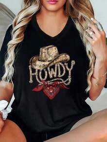 Women's Short-Sleeve Cotton T-Shirt, 1 Piece, V-Neck, Graphic Print Of A "Howdy" Cowboy Hat, Casual Loose-Fitting Short-Sleeve Top, Sizes S-5XL, Bandana And Rope Design, Western Rodeo Style, Casual T-Shirt For Everyday Wear, Ideal For Events Like The Benito Bowl, Big Game, Football. Men's Printed Short-Sleeve T-Shirt, Casual And Stylish. Summer T-Shirt. - 黑色 - 查看 1
