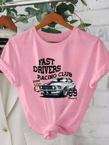 1 Piece Women's Summer Short Sleeve T-Shirt | Classic Racing Car Print With 2D Geometric Design, Classic 69 Design | Urban Casual Style | Youthful Design | Comfortable Fit, Cute Short Sleeve T-Shirt. - 粉色 - 查看 7