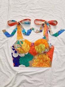Parte superior de tirantes ajustada y corta con estampado floral colorido y lazo, ropa urbana para mujer, casual de vacaciones, blusas de verano, verano para mujer, Día de la Madre - Multicolor - Ver 6