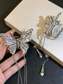 1 Stück neuer chinesischer Stil eleganter Schmetterling Haarclip mit Strass und Quasten, ausstrahlt einen hochwertigen und modischen Charme - Weiss - Übersicht 2