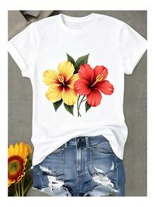 1 pieza de ropa para mujer, camiseta negra con estampado de hibisco, camiseta unisex casual de cuello redondo, tela de punto ligera de 220 g/m², lavable a máquina, para primavera/verano/otoño, Navidad, Día de San Valentín, Halloween. - Blanco - Ver 7