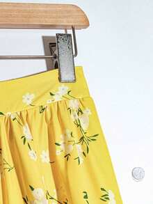 Falda acampanada con estampado floral pequeño en amarillo, falda elegante de vacaciones para mujeres - Amarillo - Ver 3