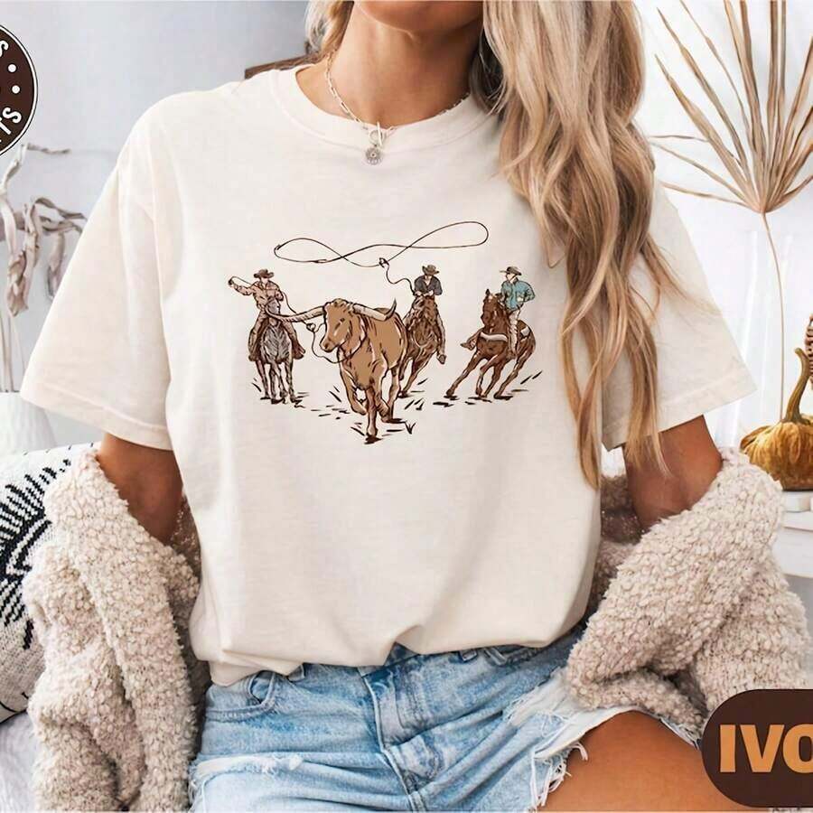 Camisa vaquera del oeste, camiseta vintage del oeste de los 90, estética campestre, atuendo de rodeo R, extraterrestre vaquero, suéter vaquero del oeste salvaje. Camiseta 100% algodón de 220g - Talla M - Estilo y comodidad duraderos. Adecuada para todas las personas, ya sean mujeres o hombres. Tela duradera de alta calidad, adecuada para todas las estaciones, suave al tacto pero construida para durar. Camisetas transpirables para mujeres, ropa de otoño para mujeres, ropa de vacaciones para mujeres, disfraz de Halloween para mujeres, blusas bonitas 100% algodón. - Blanco - Ver 1