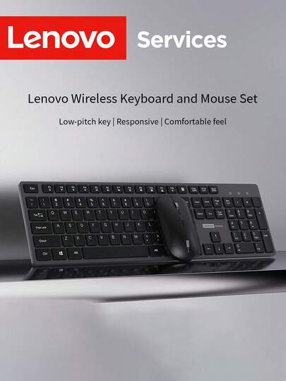 Lenovo 联想无线键鼠套装，2.4G 全尺寸 104 键办公键盘，搭配静音人体工学鼠标，适用于笔记本电脑、台式电脑和家用办公设备。