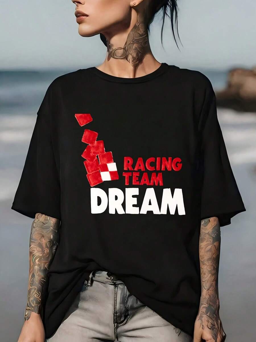 Racing Dream T-Shirt - Fashionable 180g Printed T-Shirt, Unisex, Perfect Gift For Car Enthusiasts, Corporate Events And Family Gatherings - Unisex Loose Cotton Short-Sleeved Crew Neck Urban Vintage Style T-Shirt. - 黑色 - 查看 1