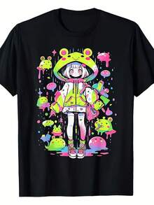 1 Women's And Unisex Kawaii Frog Design Anime T-Shirt - 100% Cotton, Harajuku Street Style, Cute Frog And Green Frog Print, Short Sleeve Crew Neck T-Shirt, Soft And Breathable, Suitable For Casual Wear, 180g Cotton. - 黑色 - 查看 1