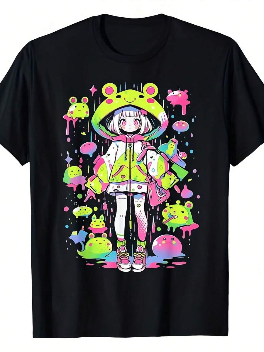 1 Women's And Unisex Kawaii Frog Design Anime T-Shirt - 100% Cotton, Harajuku Street Style, Cute Frog And Green Frog Print, Short Sleeve Crew Neck T-Shirt, Soft And Breathable, Suitable For Casual Wear, 180g Cotton. - 黑色 - 查看 1