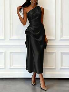 Women's Fashionable And Elegant One-Shoulder Slim-Fit Dress With A Stylish Pleated Waist Design, Slimming And Long Formal Gown - màu đen - Xem 1
