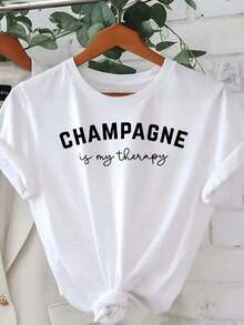 [Camiseta Deportiva] Camiseta con Estampado de Letras CHAMPAGNE, Manga Corta, Cuello Redondo, Estilo Casual, Adecuada para Verano y Primavera, Ropa de Mujer, Camiseta Relajada de Talla Grande, Blusa, Camisa > Hermosa. - Blanco - Ver 7