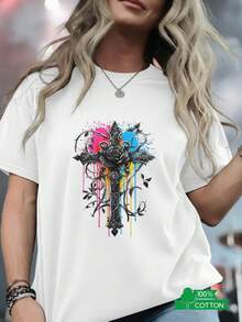 Women's Round Neck T-Shirt With Anime Letter Print, Simple Design, Comfortable And Breathable, Suitable For Casual And Versatile Daily Wear, Showing A Natural And Elegant Style, A Must-Have For Summer Parties, Local Shipping, Cross And. - trắng - Xem 1