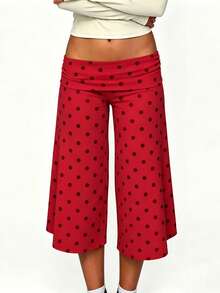 Women Casual Fold Over Loose Fit Capri Pant Leg Cropped Flowy Cotton Gaucho Pants Comfy Casual Yoga Coluttes Pajama Bottom Soft Comfortable Cropped Trouser Lounge Sleepwear Bottoms - 酒紅色 - 查看 1