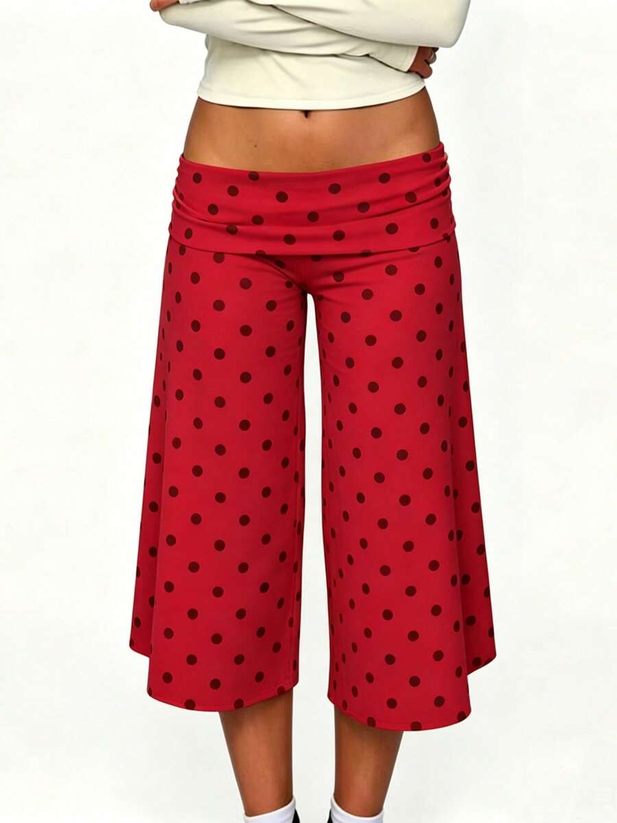 Women Casual Fold Over Loose Fit Capri Pant Leg Cropped Flowy Cotton Gaucho Pants Comfy Casual Yoga Coluttes Pajama Bottom Soft Comfortable Cropped Trouser Lounge Sleepwear Bottoms - 酒紅色 - 查看 1