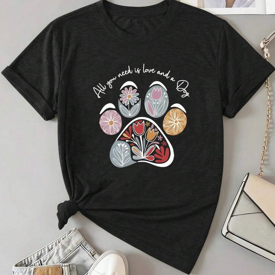 Women's T-Shirt With Pet Paw Print Theme - Suitable For Streetwear - Soft, Breathable, Loose Fit, Crew Neck, Short Sleeve - Suitable For All Body Types, Machine Washable - Gift For Dog Lovers, Casual Summer Outfits - 黑色 - 查看 1