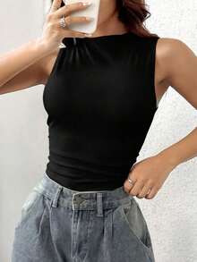 Body Informal Sin Mangas Plisado Con Cuello Levantado De unicolor Para Mujer Para Primavera Y Verano - Negro - Ver 3