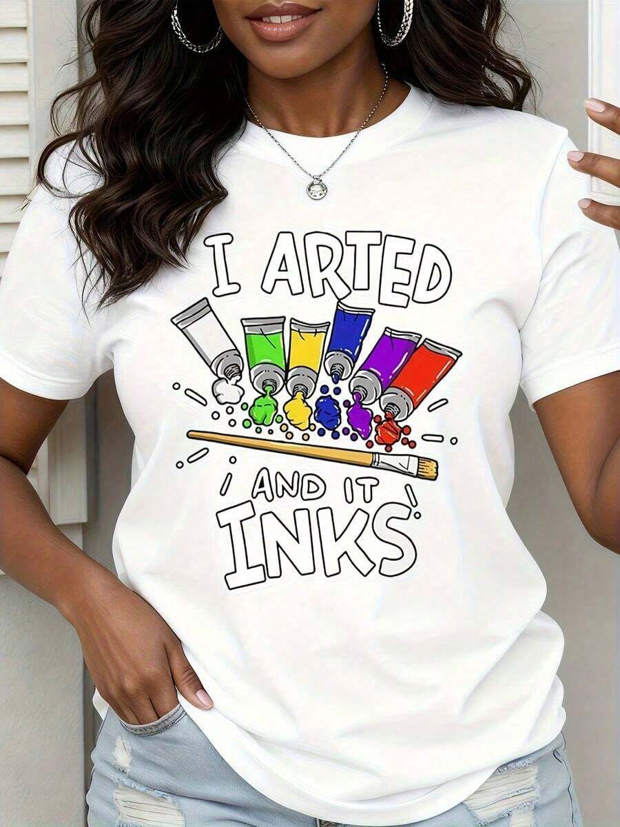 T-Shirt With A Design Of Paintbrushes, Ink Tubes And Paint By I Arted And It - White - View 1