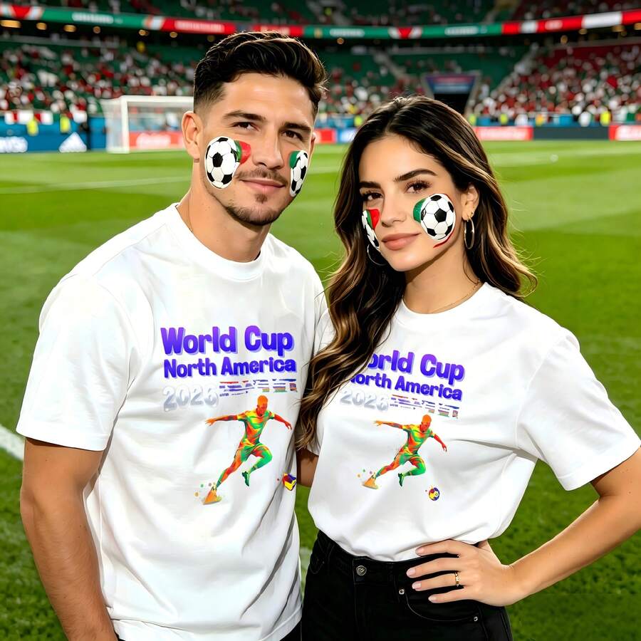 Couple Football Pattern T-Shirt, 100% Cotton, Loose Fitting, Soft And Breathable, Casual Round Neck Short Sleeved Top World Cup North America 2026 Soccer Player Design Printed Patterns, Dating, Leisure Travel, Gatherings, Simple Cartoon Printing Style, High Cost-Effectiveness Suitable For Watching - 白色 - 查看 1