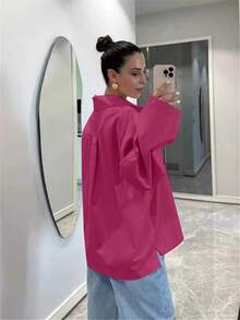 Camisa de manga larga con botones para mujer, blusa elegante casual de moda vintage color fucsia, primavera/verano - Rosa Fucsia - Ver 3