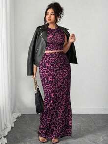 Conjunto de dos piezas de top de tirantes y falda con estampado de leopardo talla grande, sexy pero apropiado para el uso diario y el transporte - Rosa Fucsia - Ver 7