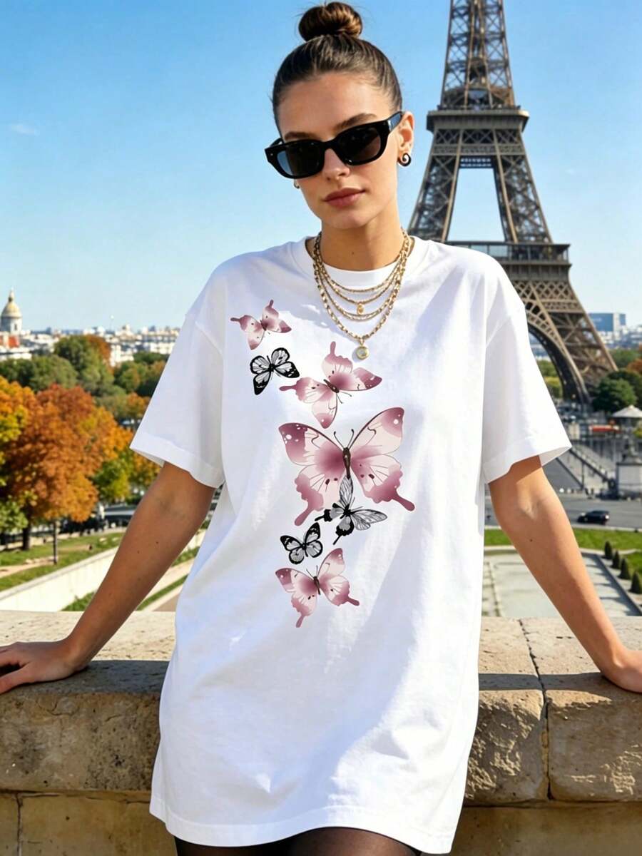 Women's Soft Casual Summer Crew Neck Short Sleeve T-Shirt, Standard Fit, Butterfly Print, Crew Neck, Versatile Casual Long Sleeve T-Shirt, Graphic Tees For Spring And Autumn, Going Out Wear, Cotton, Vintage Style, European And American Street Style, Casual Sport Style, Unisex Style, Casual Urban Style, Cute T-Shirts, G - 白色 - 查看 1