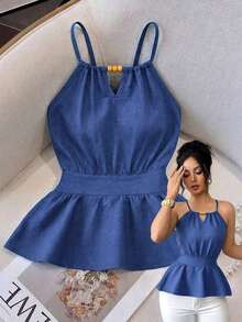Chaleco ajustado sin mangas con diseño de cremallera y decoración de cuentas de madera con tirantes finos en color verde elegante para mujer, primavera/verano - Azul - Ver 9