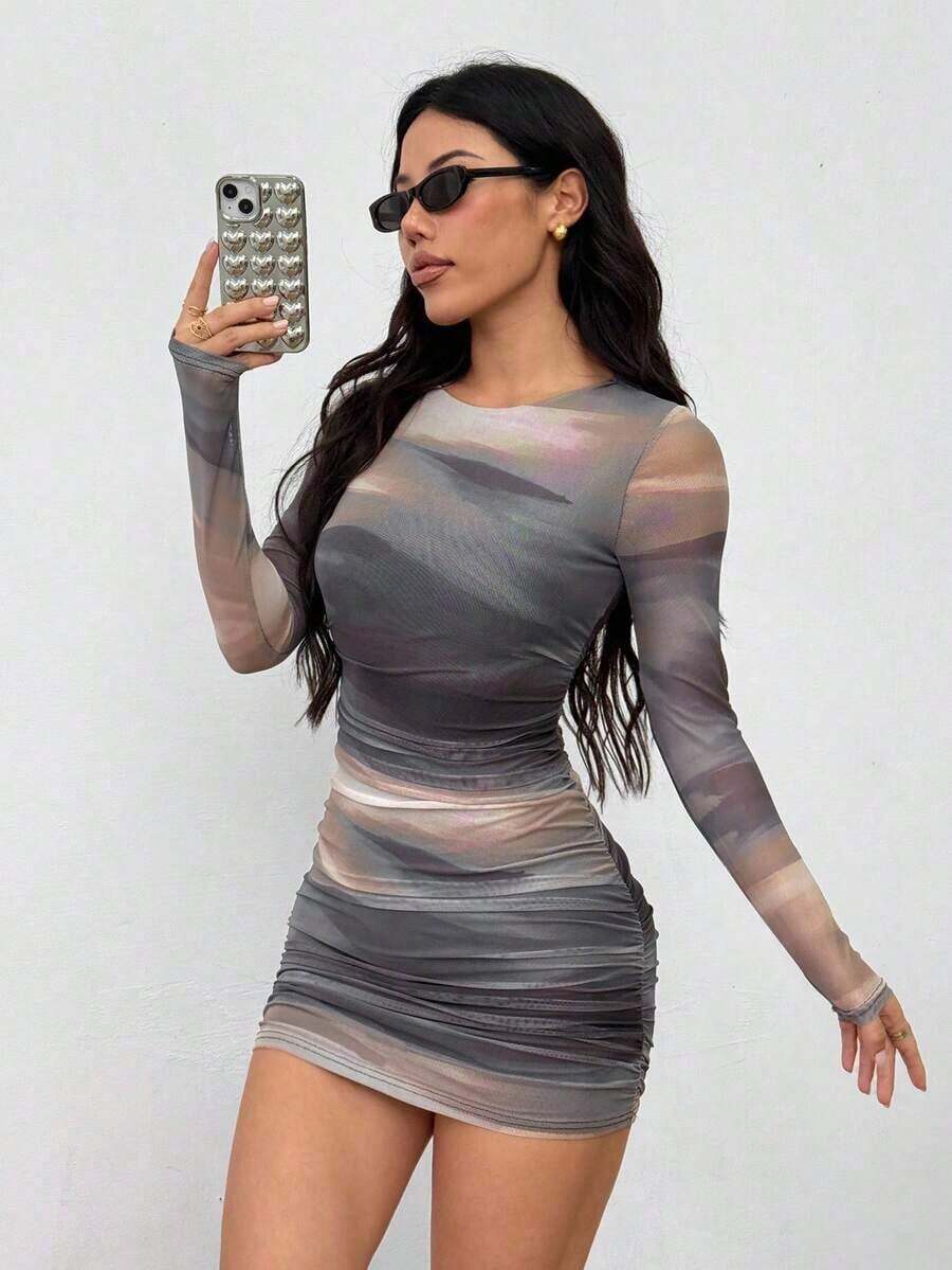 Vestido mini ceñido de mujer con estampado de teñido anudado y drapeado - Multicolor 2 - Ver 1