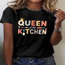 1 Piece, Classic And Versatile Pure Cotton Short-Sleeved T-Shirt, Ideal For Wearing In Any Season, With A Print Of The Queen Of The Female Kitchen, Modern Style - 黑色 - 查看 2