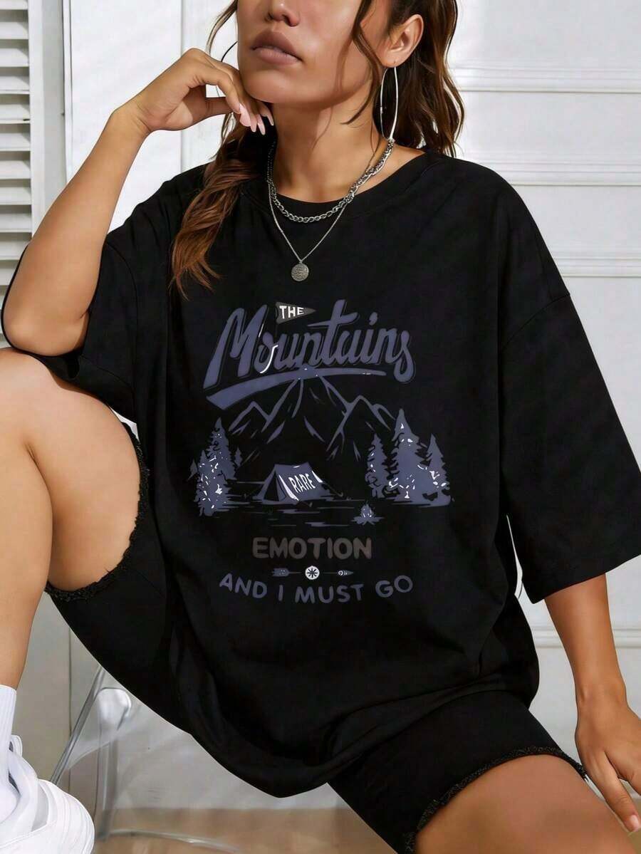 Women's Short-Sleeved T-Shirt With A Relaxed Fit And Vintage Style, Featuring A Graphic Print, Perfect For Everyday Summer Wear. This Casual 100% Cotton T-Shirt With A Round Neck And Print Makes A Great Gift For Friends And Family. - 黑色 - 查看 1