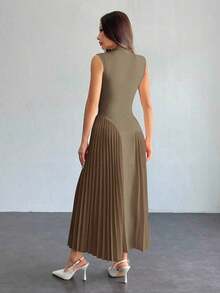 Vestido ajustado de línea A con pliegues elegante para mujer - Caqui - Ver 4