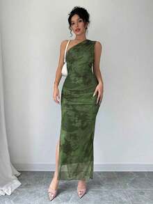 Vestido de noche de lujo para mujer, vestido sexy sin mangas con cuello asimétrico y estampado de teñido anudado - Verde Oliva - Ver 7