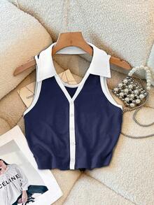 Blusa de mujer de moda casual y elegante con cuello polo, cuello vuelto, ajuste ceñido y escote en V sin espalda y sin mangas - Azul marino - Ver 1