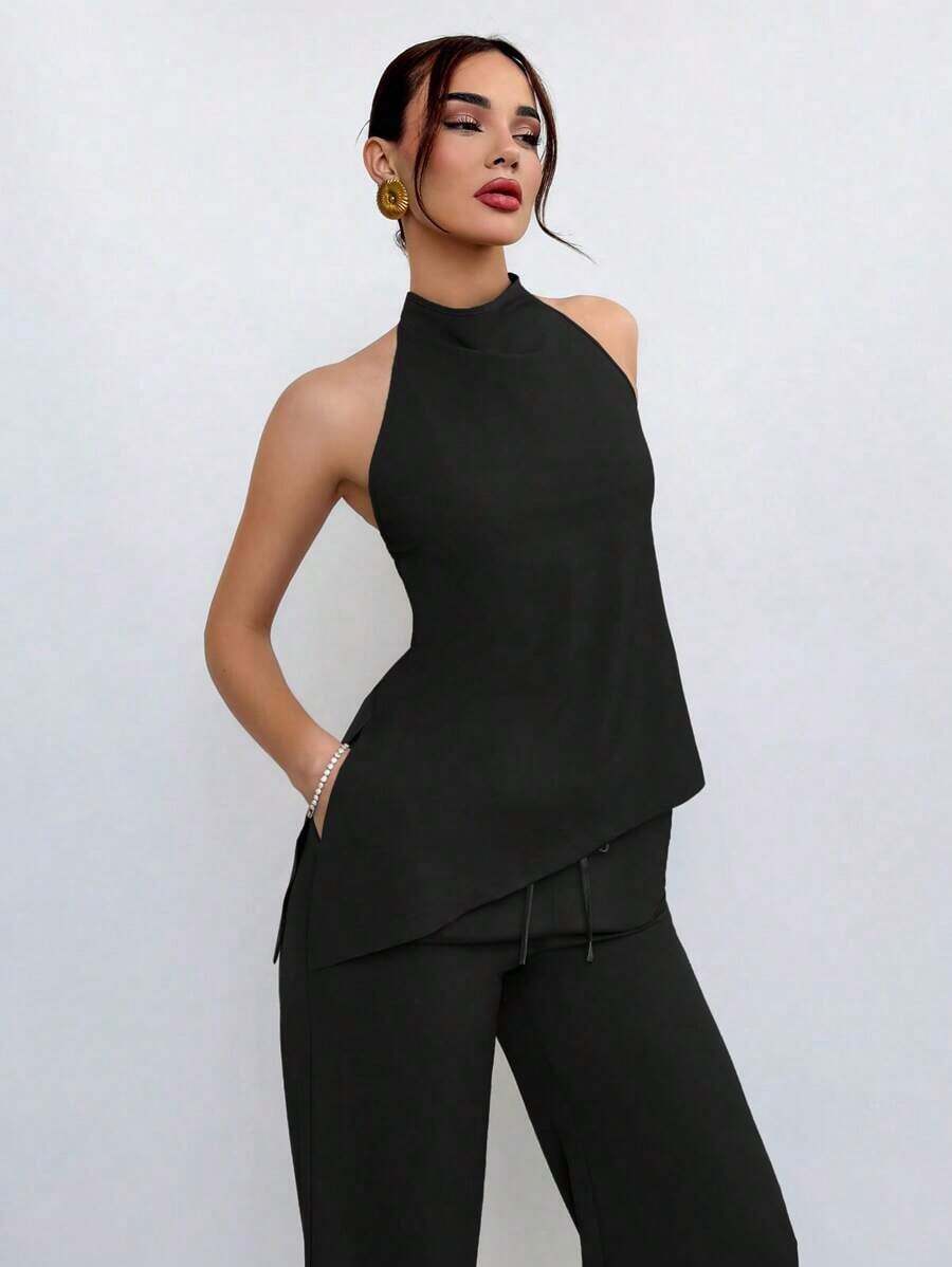 Conjunto de 2 piezas de top de cuello halter y pantalones en color café para mujer, estilo de uso diario - Negro - Ver 1