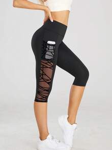 Pantalones cortos de Yoga de cintura alta, mallas con bolsillos, deportes, Fitness, pantalones de Yoga ajustados informales, mallas Capri de punto de malla cruzada lateral - junlv - Ver 3