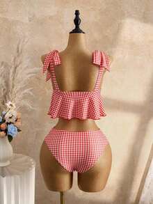 Conjunto de top halter y Bottom de bikini de tela texturizada especial para mujer, traje de baño de punto para vacaciones y playa, conjunto de traje de baño amarillo, conjunto de traje de baño amarillo tipo tankini con volantes, traje de baño ama - Rojo - Ver 2