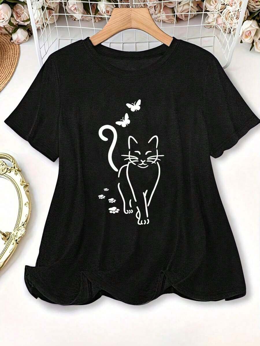 Camiseta de manga corta con cuello redondo y estampado de mariposa y gato de dibujos animados para mujeres de talla grande,Playera Gráfica Oversized Mujer Verano Casual - Negro - Ver 1