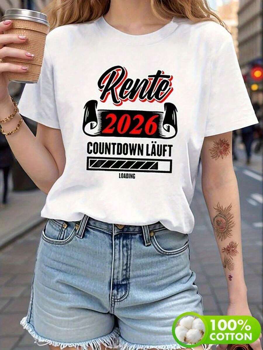 Plus Size Women's Clothing, 2026 Retirement Countdown T-Shirt - Y2K Style, Short Sleeve, Crew Neck With 2026 Print - Casual Retirement Party Gift For Teachers//Firefighters (Fall 2026 Edition) - Comfortable For Four More Years! - 白色的 - 查看 1