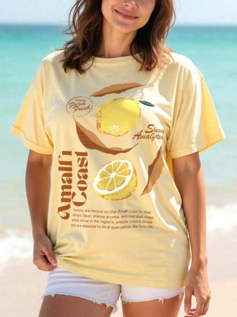 Amalfi Lemon Print T-Shirt - Italian Summer T-Shirt. A Casual Women's T-Shirt With A Multicolored Print, Featuring Rich Colors, Suitable For Summer; A Stylish Women's T-Shirt. - 多色 2 - 查看 1