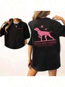 [100% Cotton] Pink Camouflage Print Dog Hunting Shirt, Wild Southern T-Shirt, Simply Printed Graphic Tee, New Comfortable Retro Cotton T-Shirt-L91 - 黑色 - 查看 7